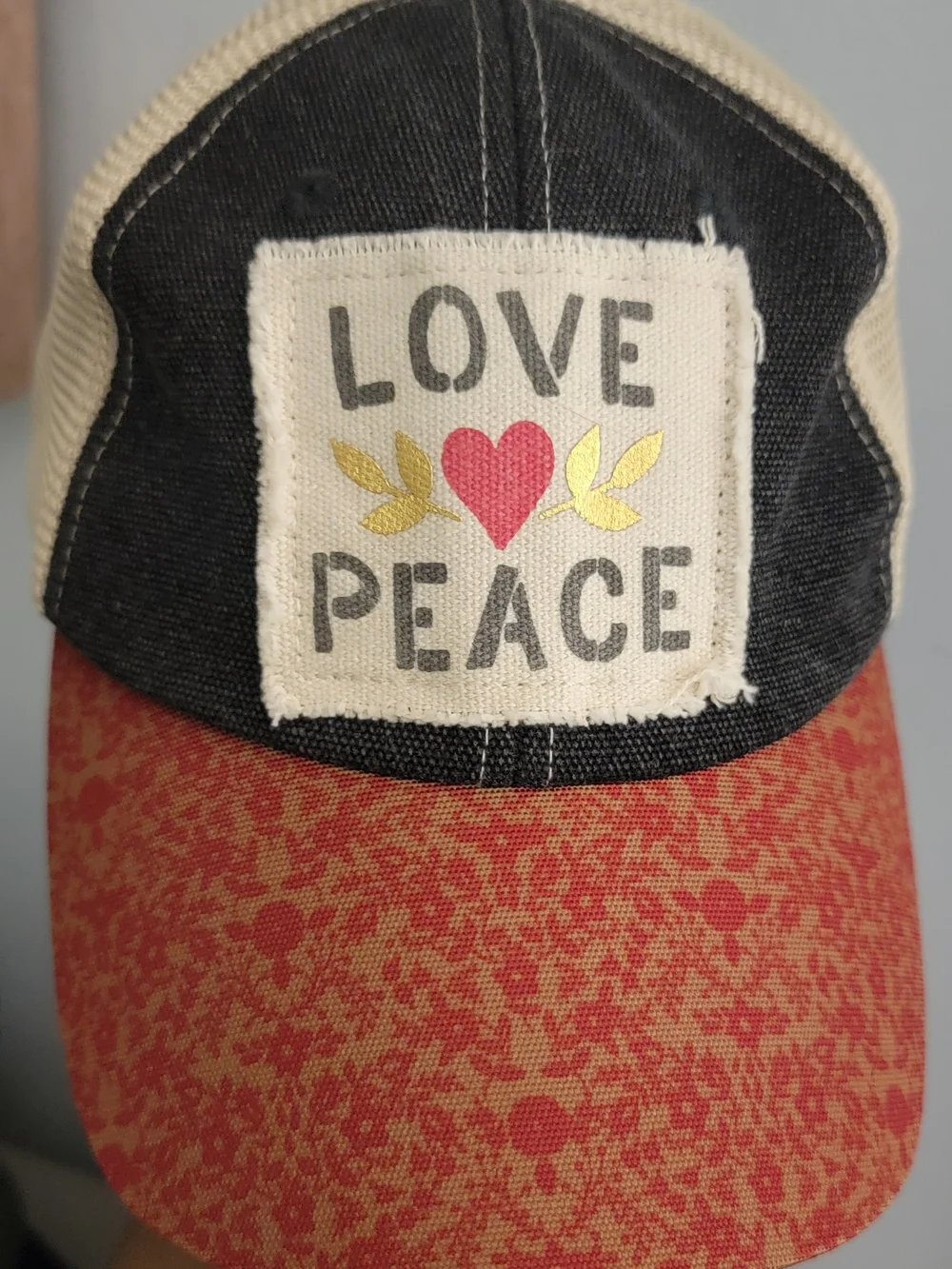 Love Peace Patch Trucker Hat - Black, Cream & Red